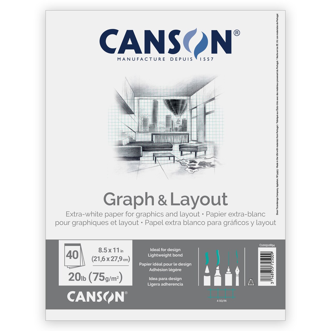Canson Artist Series Graph And Layout Pad 4/4 Grid 8.5"X11"-Fold Over, 40 Sheets
